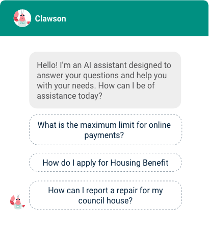 Chat window with a welcome message and three examples of common questions in button form