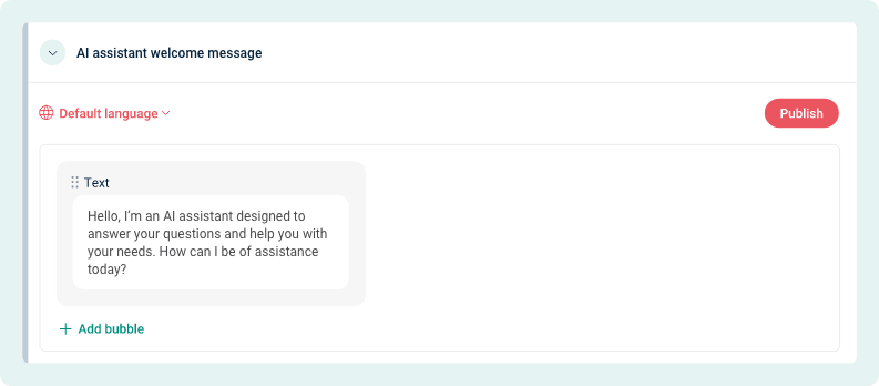 Platform screen showing the text for the AI assistant welcome message